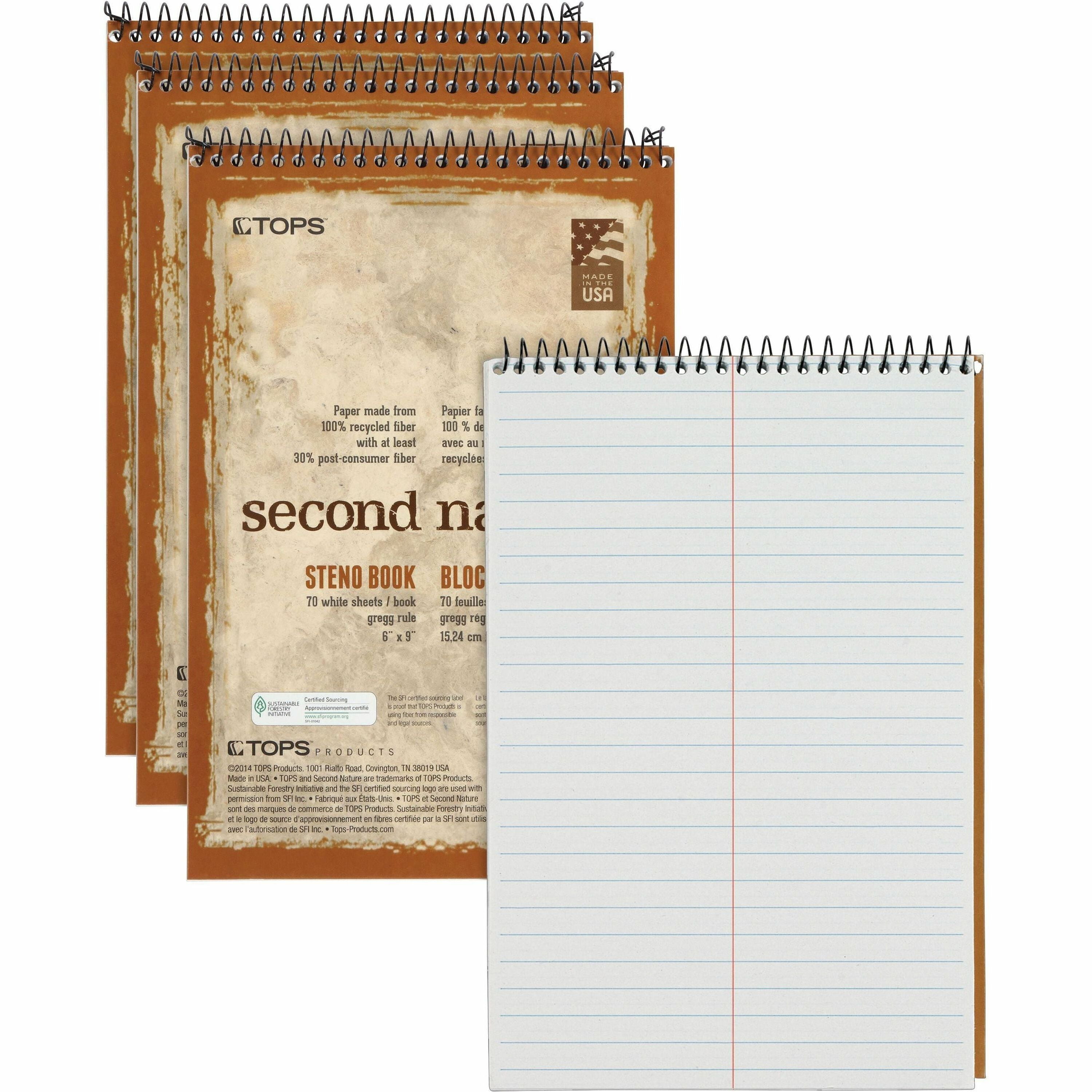 TOPS Second Nature Spiral Steno Notebook - 70 Sheets - Spiral - 0.34" Ruled - 15 lb Basis Weight - 6" x 9" Sheet Size - 1" Height x 6" Width x 9" Length - White Paper - Blue, Gray, Brown Cover - Acid-free - Recycled - 4 / Pack
