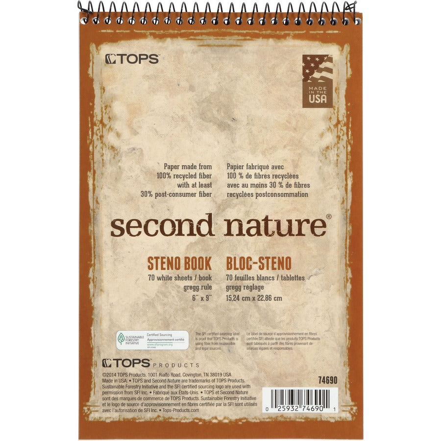 TOPS Second Nature Spiral Steno Notebook - 70 Sheets - Spiral - 0.34" Ruled - 15 lb Basis Weight - 6" x 9" Sheet Size - 1" Height x 6" Width x 9" Length - White Paper - Blue, Gray, Brown Cover - Acid-free - Recycled - 4 / Pack