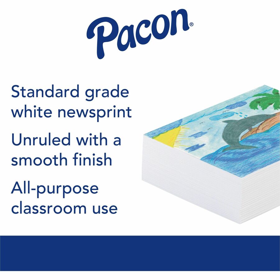 Pacon White Newsprint Paper - 500 Sheets - Plain - 12" x 18" Sheet Size - White Paper - Lightweight - 500 / Ream