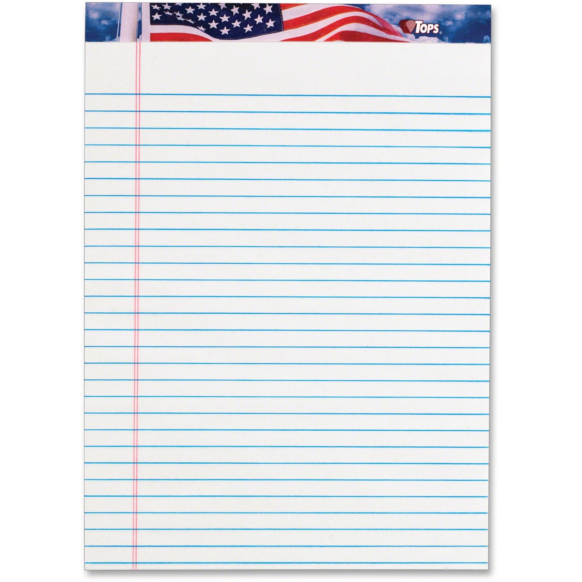 TOPS American Pride Legal Rule Writing Pad - 50 Sheets - Legal Ruled Front Ruling - 16 lb Basis Weight - 8 1/2" x 11 3/4" Sheet Size - 2.38" Height x 11.8" Width x 8.5" Length - White Paper - Ink Resistant, Smooth, Perforated, Acid-free - 12 / Pack