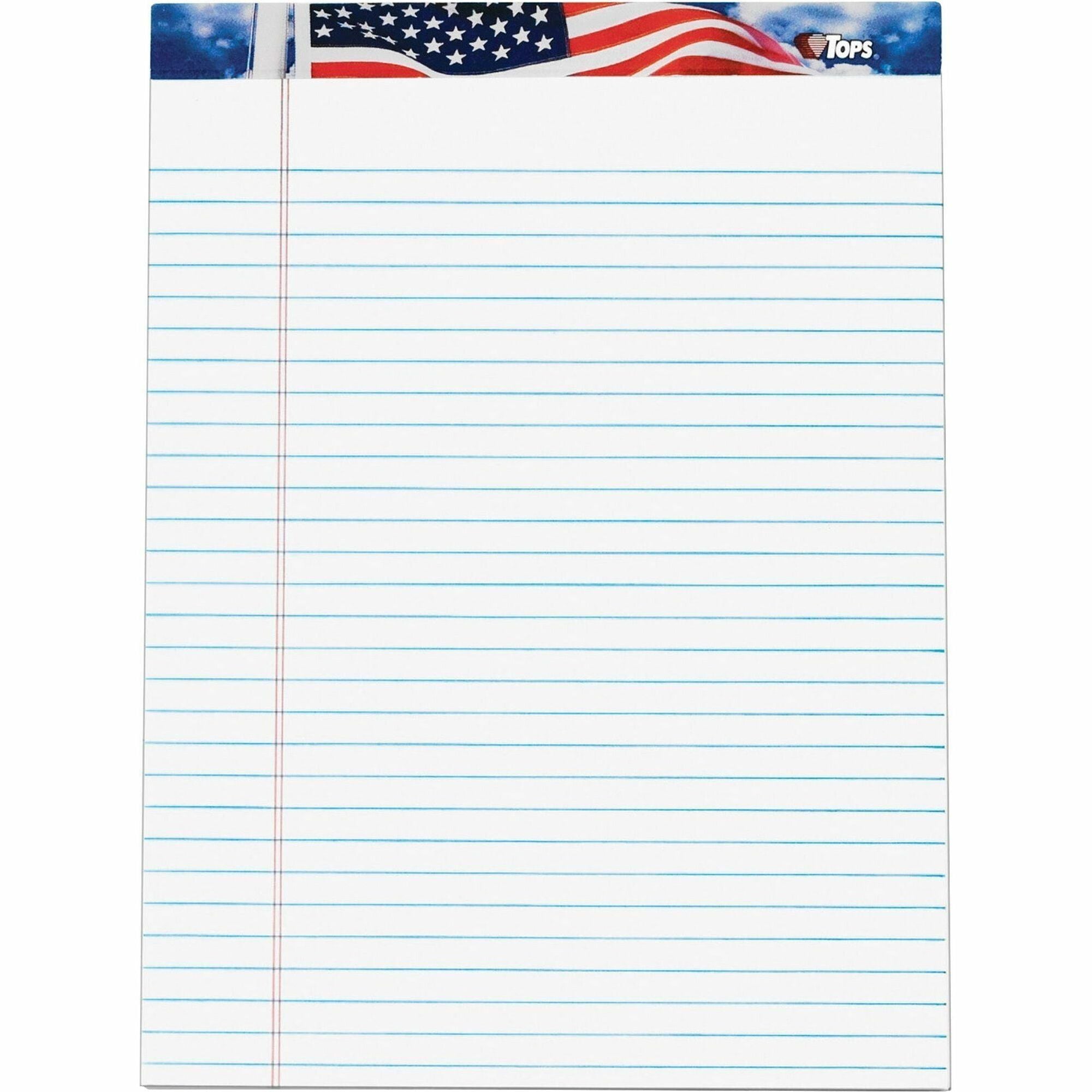 TOPS American Pride Writing Tablets - 50 Sheets - Strip - 0.34" Ruled - 16 lb Basis Weight - 8 1/2" x 11 3/4" Sheet Size - White Paper - Blue, Red, White Cover - Unpunched, Perforated - 12 / Pack