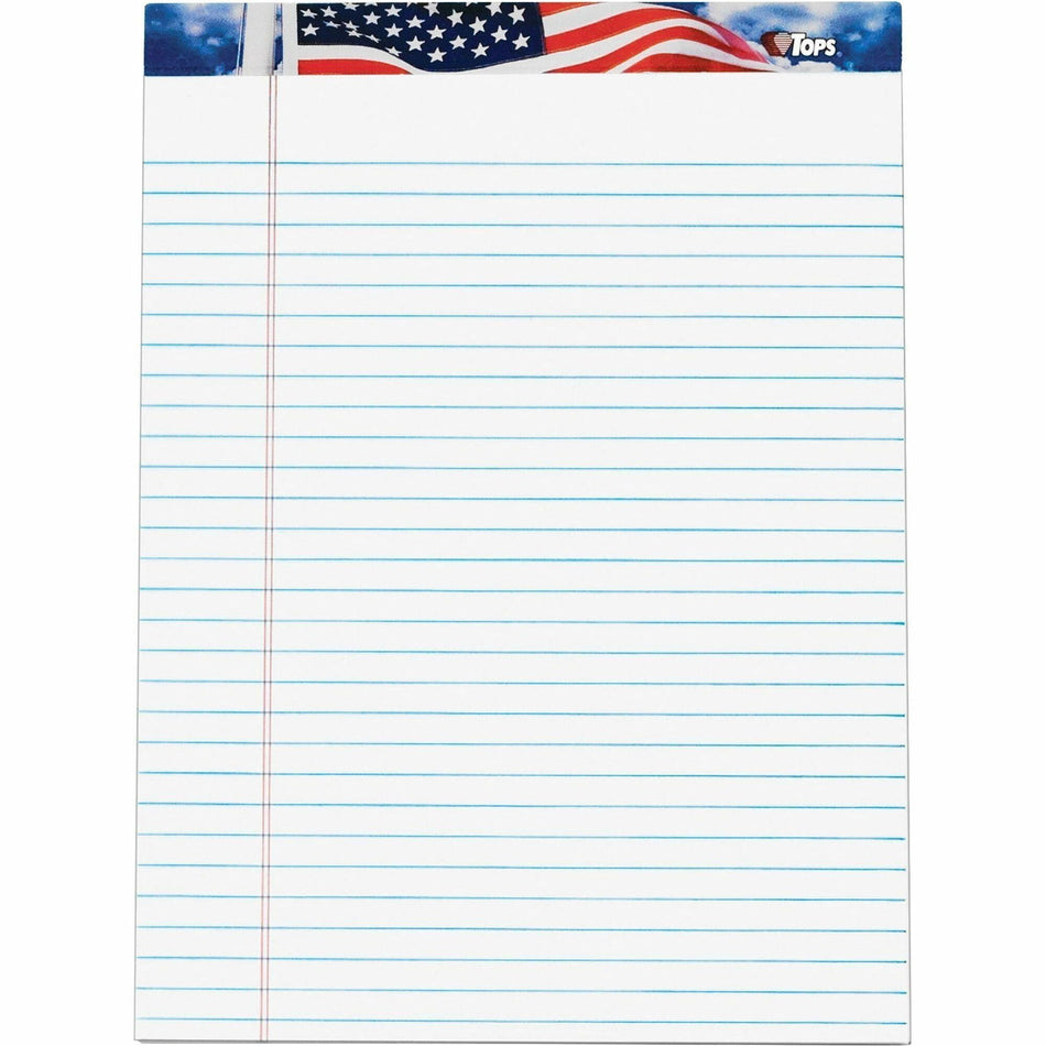 TOPS American Pride Writing Tablets - 50 Sheets - Strip - 0.34" Ruled - 16 lb Basis Weight - 8 1/2" x 11 3/4" Sheet Size - White Paper - Blue, Red, White Cover - Unpunched, Perforated - 12 / Pack