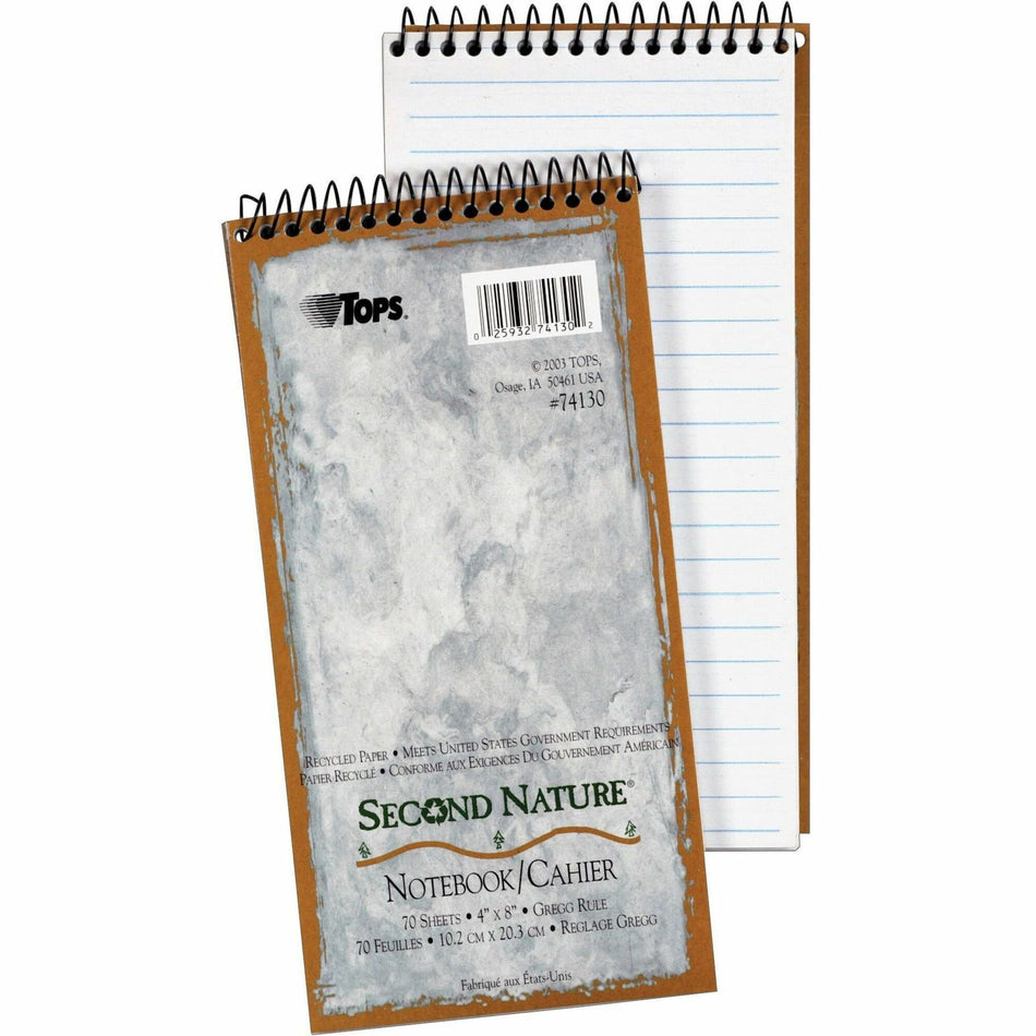TOPS Second Nature 100% Recycled Steno Book - 70 Sheets - Coilock - Gregg Ruled Margin - 4" x 8" Sheet Size - White Paper - Subject - Recycled - 1 Each