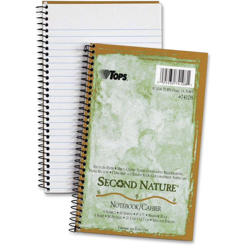 TOPS Narrow-ruled Second Nature 1-subject Notebook - 80 Sheets - Wire Bound - 15 lb Basis Weight - 8" x 5" Sheet Size - White Paper - Green Cover - Perforated - Recycled - 1 Each