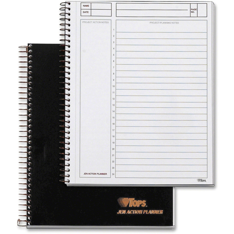 TOPS Journal Entry Notetaking Ruled Planner Pad - 84 Sheets - Wire Bound - 20 lb Basis Weight - 6 3/4" x 8 1/2" Sheet Size - White Paper - Black Cover - Perforated, Unpunched - 1 Each