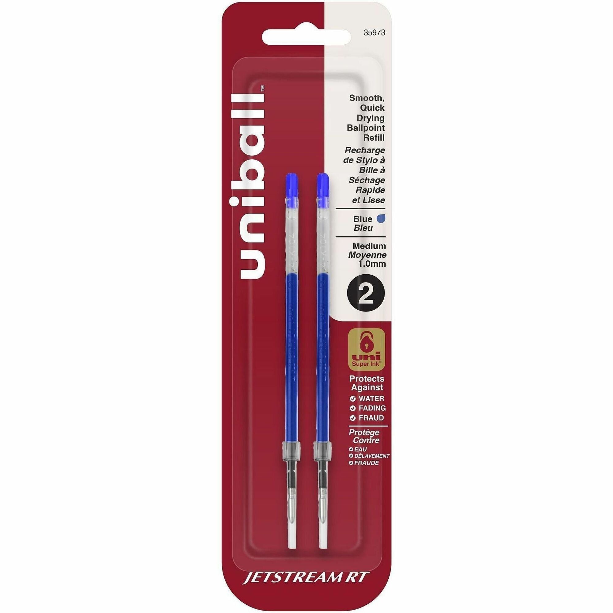 uniball&#8482; Jetstream RT Ballpoint Pen Refills - 1 mm , Medium Point - Blue Ink - Super Ink, Water Resistant Ink, Fade Resistant, Fraud Resistant - 2 / Pack
