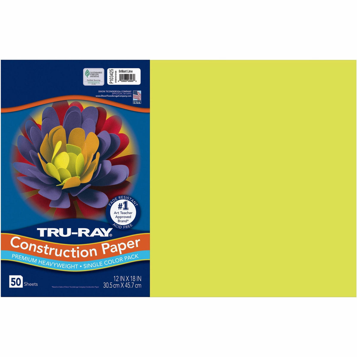 Tru-Ray Construction Paper - 18" Width x 12" Length - 76 lb Basis Weight - Brilliant Lime - 50 / Pack