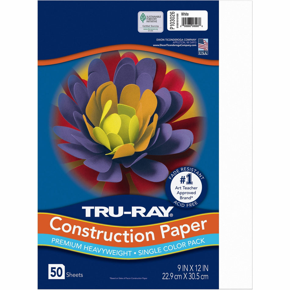 Tru-Ray Heavyweight Construction Paper - 12" Width x 9" Length - White - Sulphite - 50 / Pack