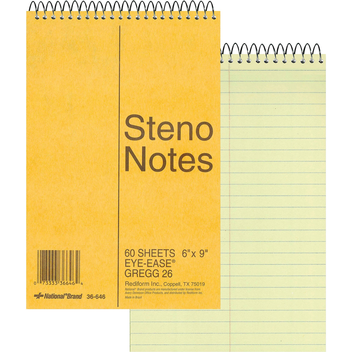 Rediform Wirebound Steno Notebook - 60 Sheets - Wire Bound - Light Blue Margin - 16 lb Basis Weight - 6" x 9" Sheet Size - Green Paper - Brown Cover - Unpunched, Subject - 1 Each