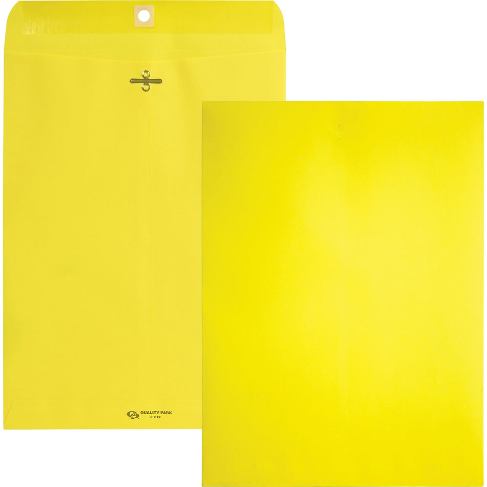 Quality Park 9 x 12 Clasp Envelopes with Deeply Gummed Flaps - Clasp - #90 - 9" Width x 12" Length - 28 lb - Gummed - Yellow - 10 / Pack