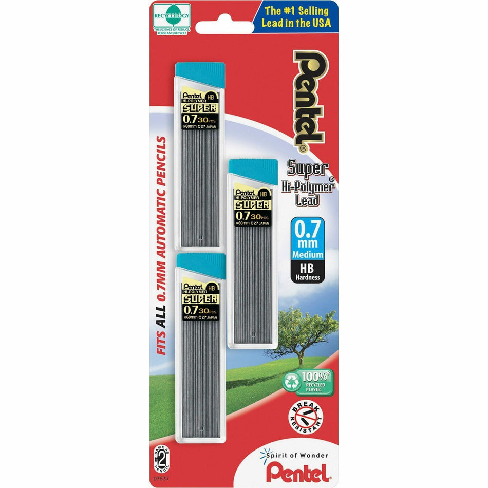 Pentel Super Hi-Polymer HB Lead Refill - 0.7 mm , Medium Point - HB - Black Hard Lead - 30/Tube - 3 / Pack