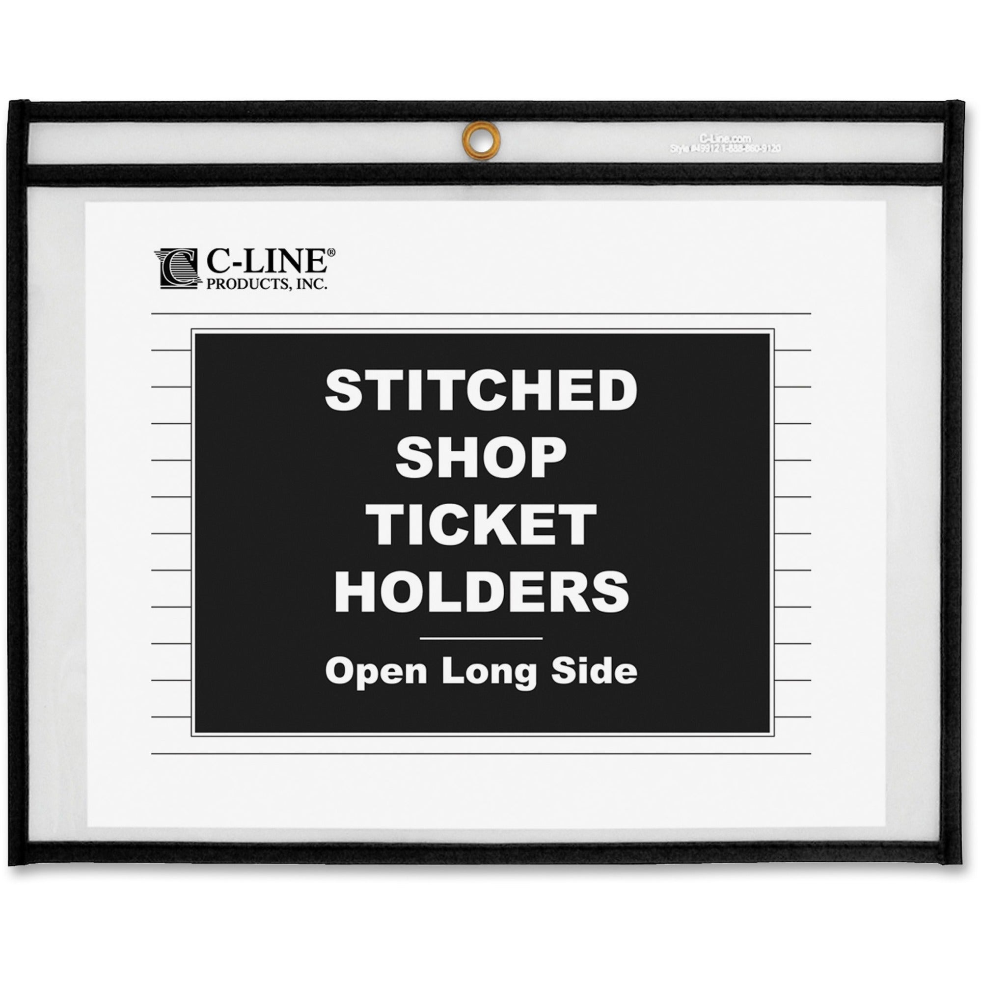C-Line Side Load Stitched Shop Ticket Holders - Support 8.50" x 11" Media - Vinyl - Black, Clear - Sturdy - 25 / Box