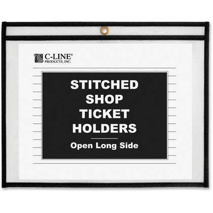 C-Line Side Load Stitched Shop Ticket Holders - 8.50’’ x 11’’ - Vinyl - Black/Clear - Sturdy - 25/Box - Sheet Protectors