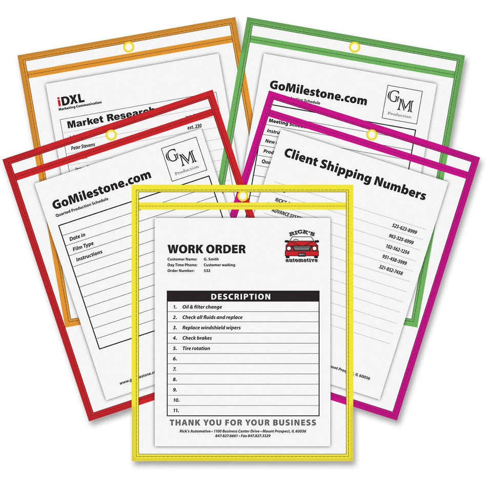 C-Line Neon Colored Stitched Shop Ticket Holders - Support 9" x 12" Media - Vinyl - Clear, Assorted - 10 / Pack