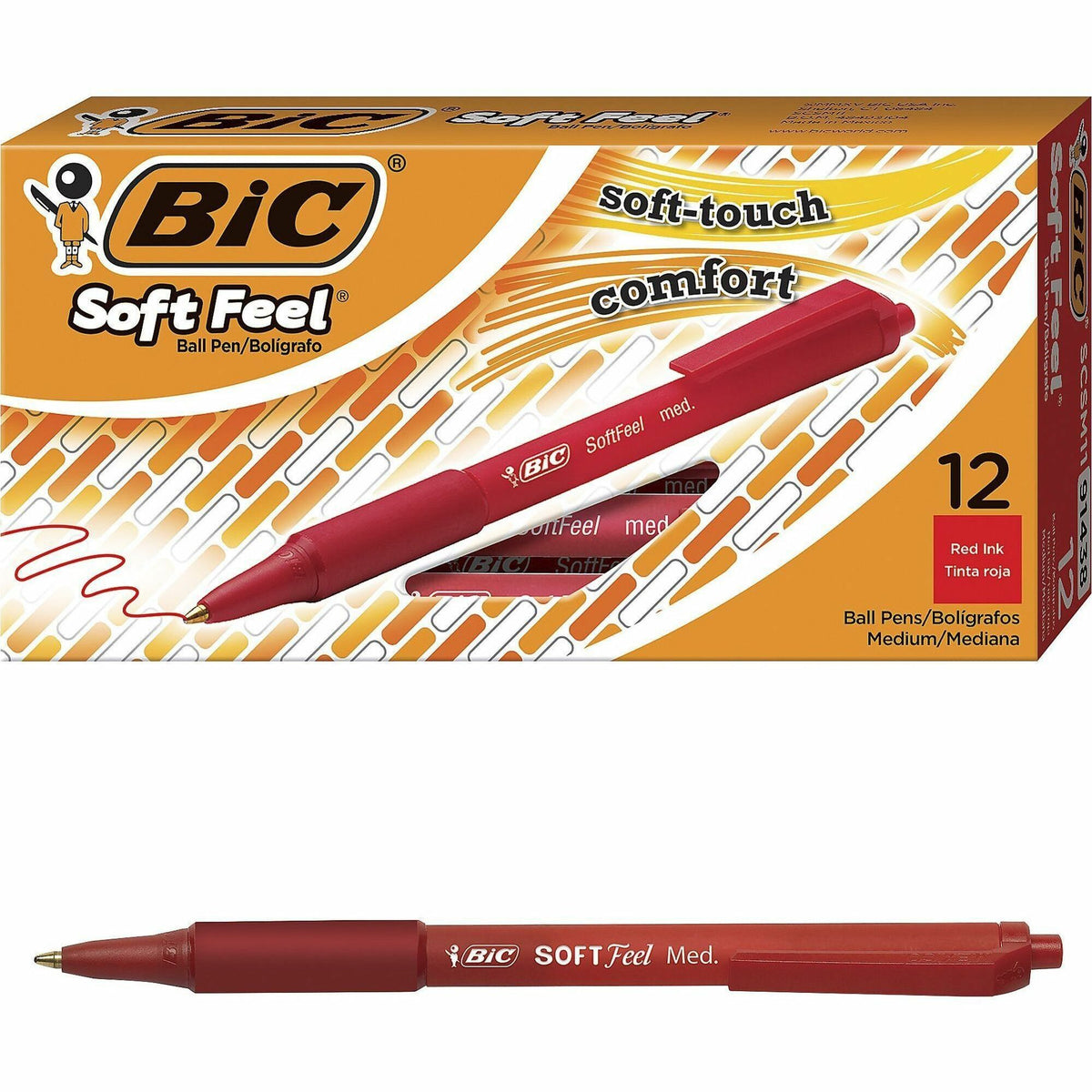 BIC SoftFeel Retractable Ball Pens - 0.8 mm Medium Pen Point - Retractable - Red Ink - Red Rubber Barrel - 1 Dozen