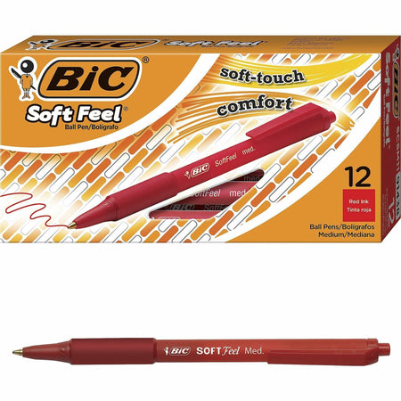 BIC SoftFeel Retractable Ball Pens - 0.8 mm Medium Pen Point - Retractable - Red Ink - Red Rubber Barrel - 1 Dozen