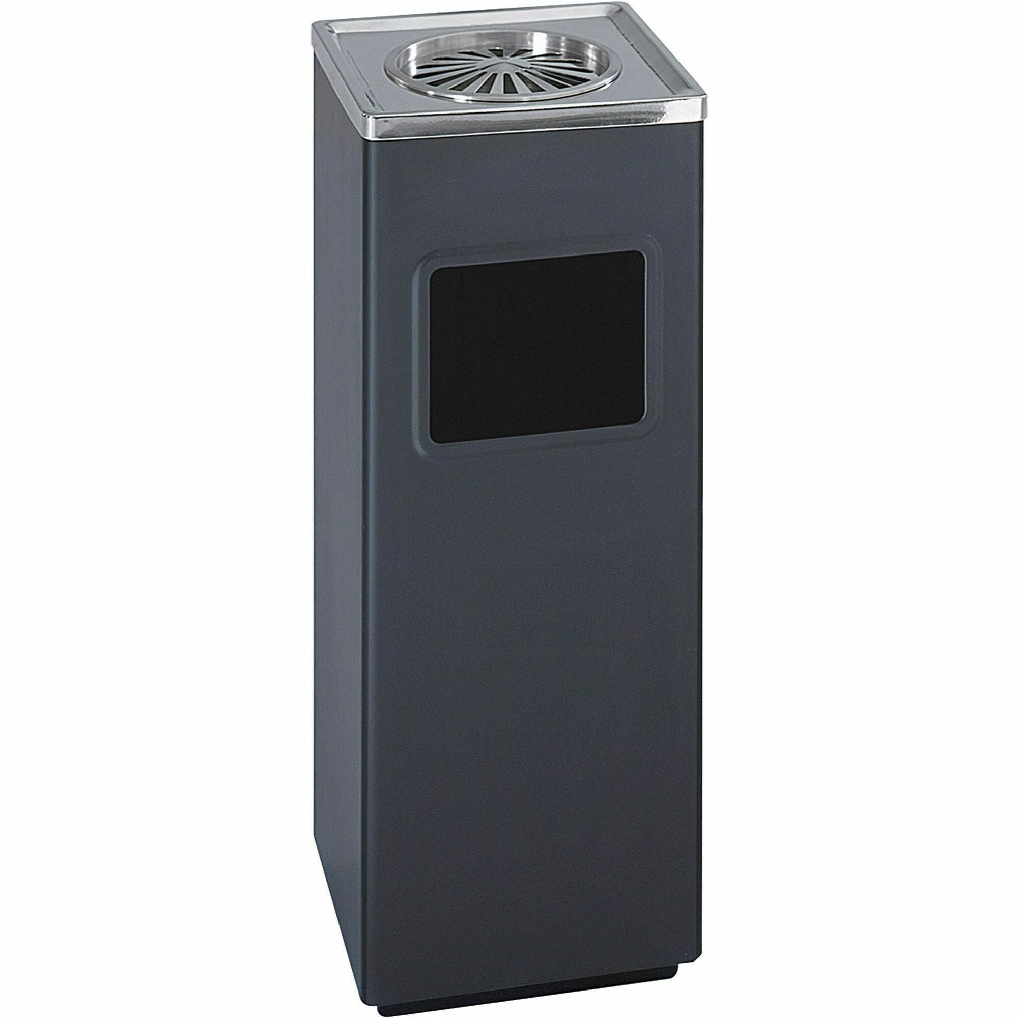 Safco Sandless Square Ash Urn/Trash Receptacle - 3 gal Capacity - Square - 24.3" Height x 9.5" Width x 9.5" Depth - Stainless Steel - Black - 1 Each