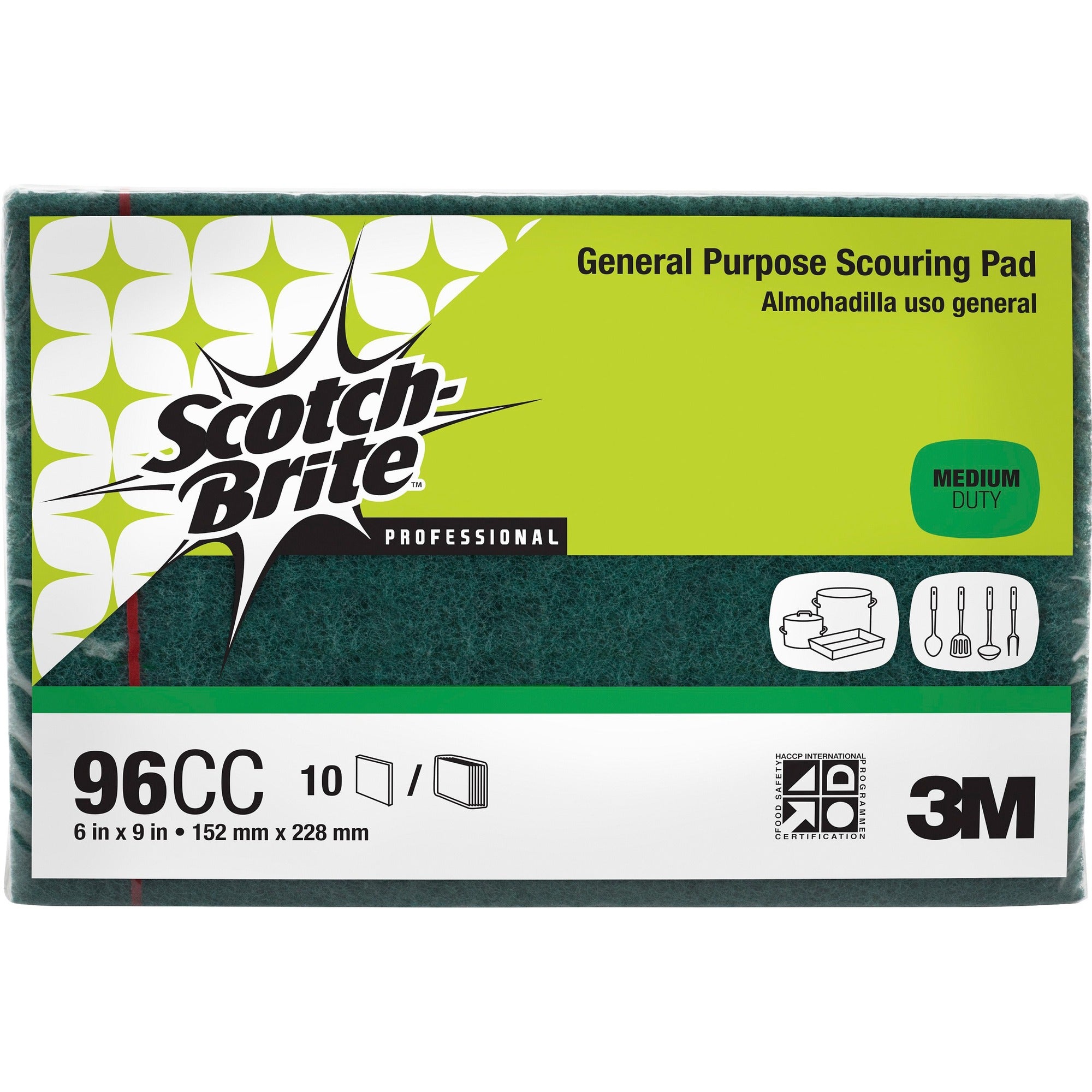 Scotch-Brite General-Purpose Scouring Pads - 6" Width x 9" Length - 10 / Pack - Synthetic Fiber - Green