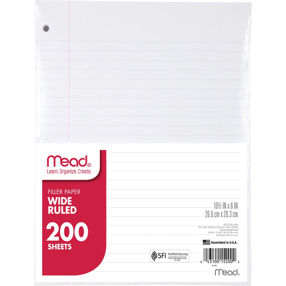 Mead 3-Hole Punched Wide-ruled Filler Paper - 200 Sheets - Ruled Red Margin - 8" x 10 1/2" Sheet Size - White Paper - 200 / Pack