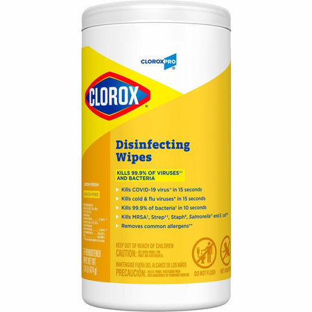 CloroxPro&trade; Disinfecting Wipes - Lemon Fresh - Yellow - Soft Cloth - 75/Tub - 1 Each