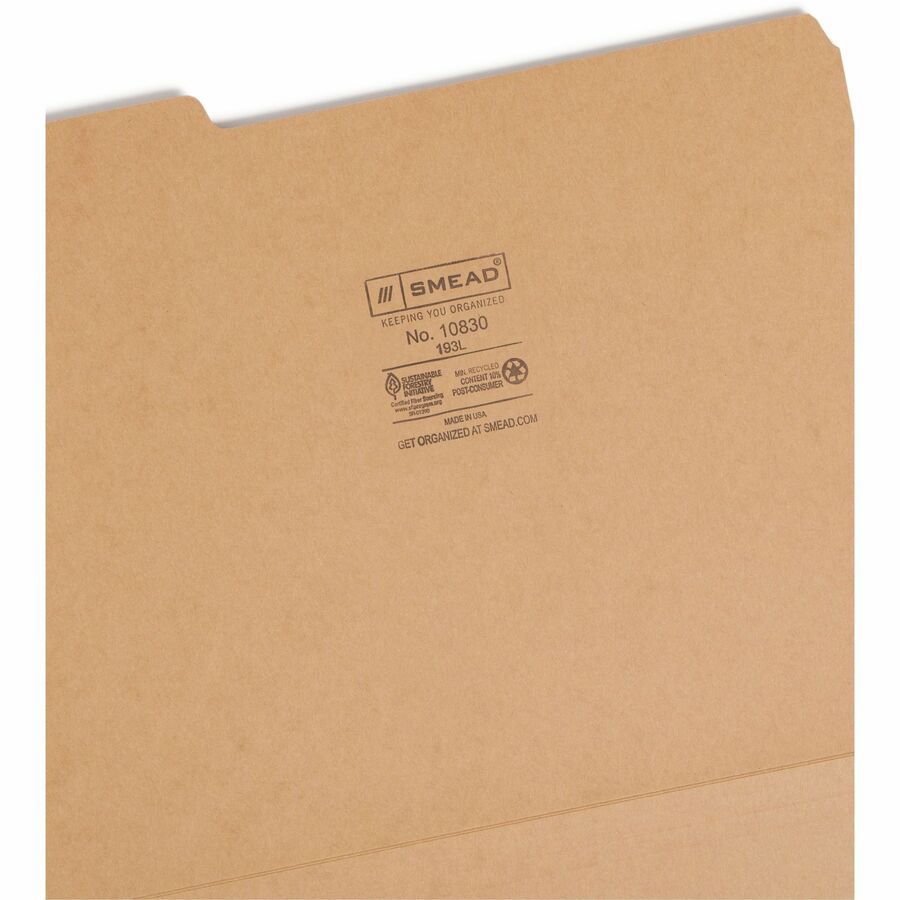 Smead 1/3 Tab Cut Letter Recycled Top Tab File Folder - 8 1/2" x 11" - 3/4" Expansion - Assorted Tab Position - 1 Plys - Kraft - 10% Recycled - 50 / Box