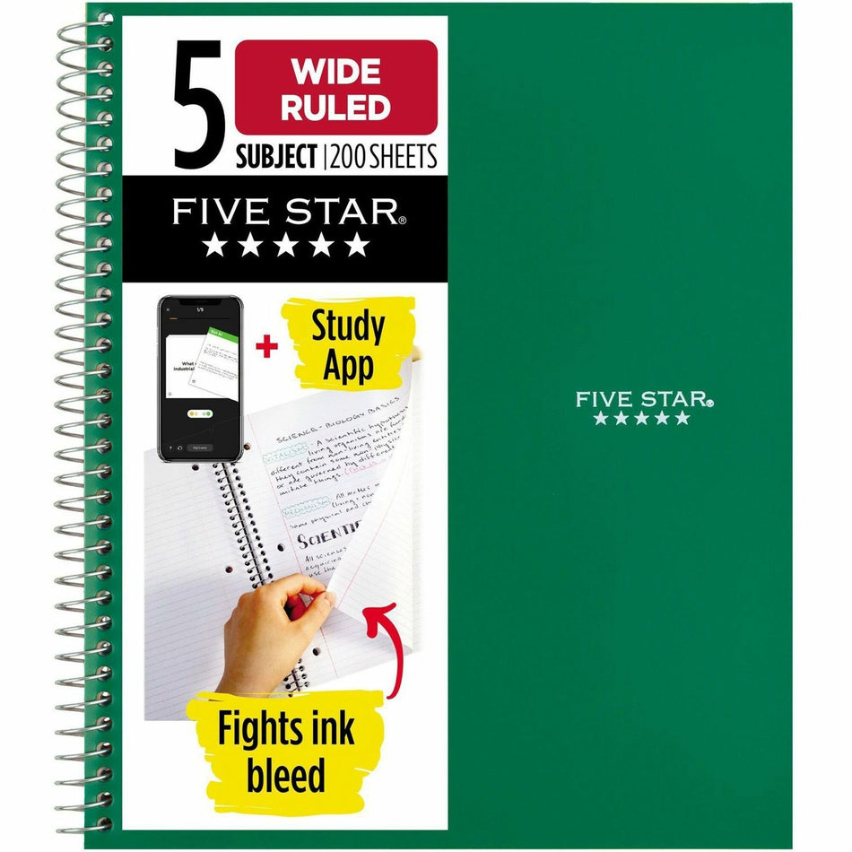 Five Star Five-subject Notebook - 200 Sheets - Wire Bound - 8" x 10 1/2" Sheet Size - Assorted Plastic Cover - Pocket Divider, Subject, Perforated - 1 Each