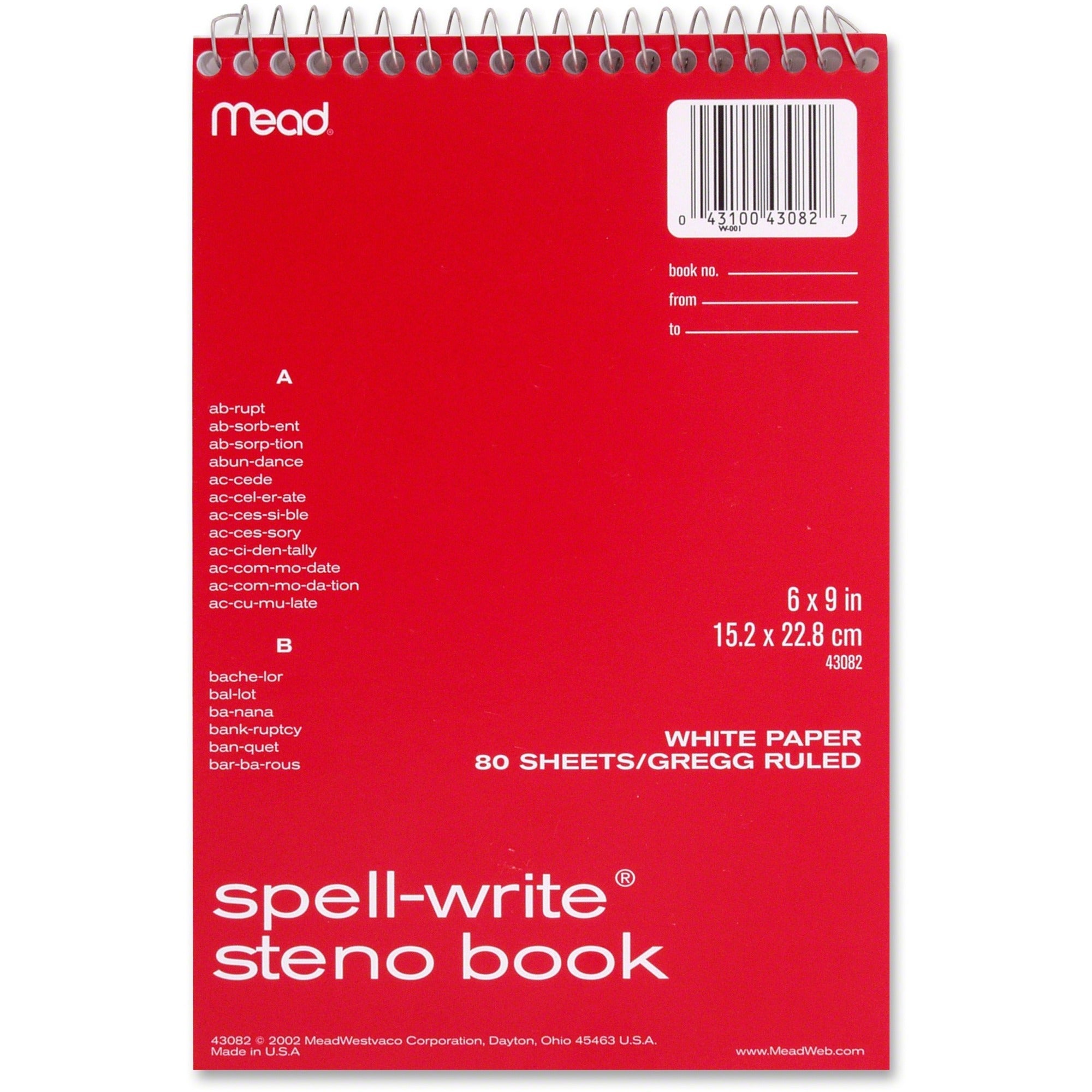 Mead Spell-Write Steno Book - 80 Sheets - 6" x 9" Sheet Size - White Paper - 1 Each
