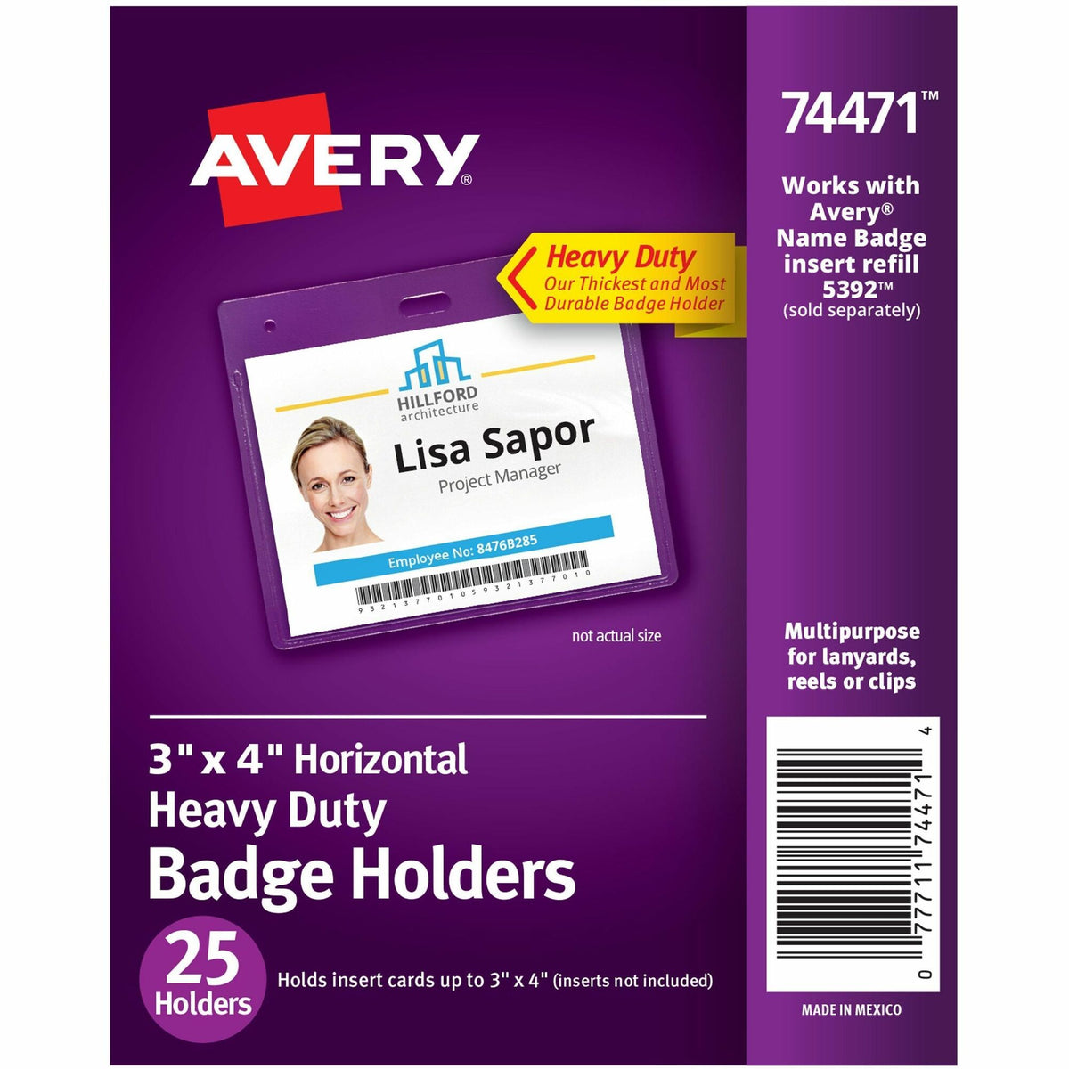 Avery® Heavy-Duty Badge Holders - Support 3" x 4" Media - Landscape - Polyvinyl Chloride (PVC) - Clear - Reusable, Durable, Top Loading, Secure, Clip-on, Heavy Duty - 25 / Pack