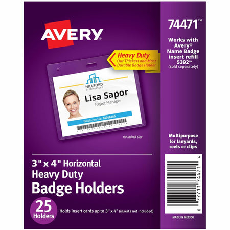 Avery® Heavy-Duty Badge Holders - Support 3" x 4" Media - Landscape - Polyvinyl Chloride (PVC) - Clear - Reusable, Durable, Top Loading, Secure, Clip-on, Heavy Duty - 25 / Pack