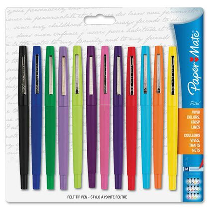 Paper Mate Flair Felt Tip Pens: 1.1mm Medium Point Assorted Ink Nylon - 12 Pack - Pens