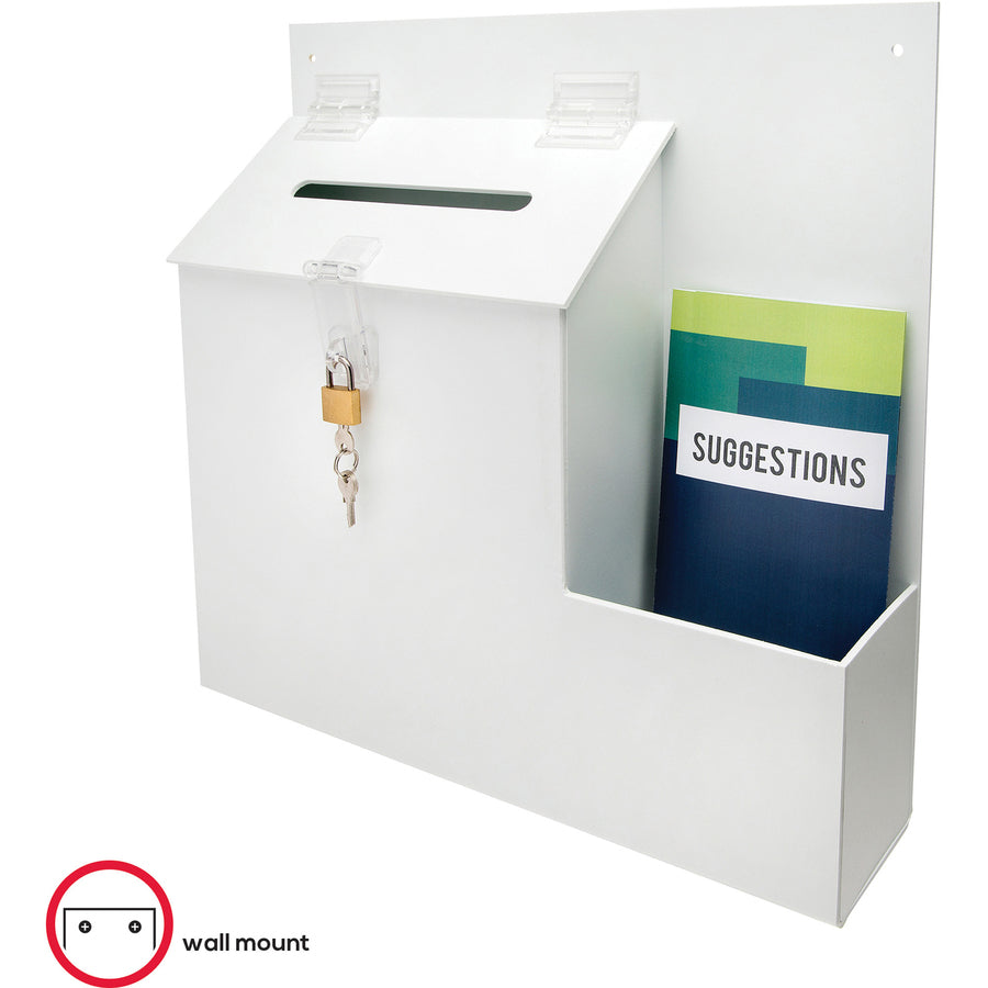 Deflecto Suggestion Box - External Dimensions: 13.8" Width x 3.6" Depth x 13" Height - Key Lock Closure - Plastic - White - For Suggestion Card - 1 Each