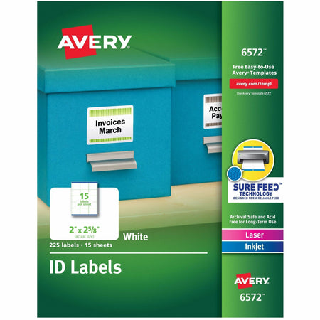 Avery®  Laser Inkjet Printer Permanent ID Labels - 2" Width x 2 5/8" Length - Permanent Adhesive - Rectangle - Inkjet, Laser - White - Paper - 15 / Sheet - 15 Total Sheets - 225 Total Label(s) - 225 / Pack