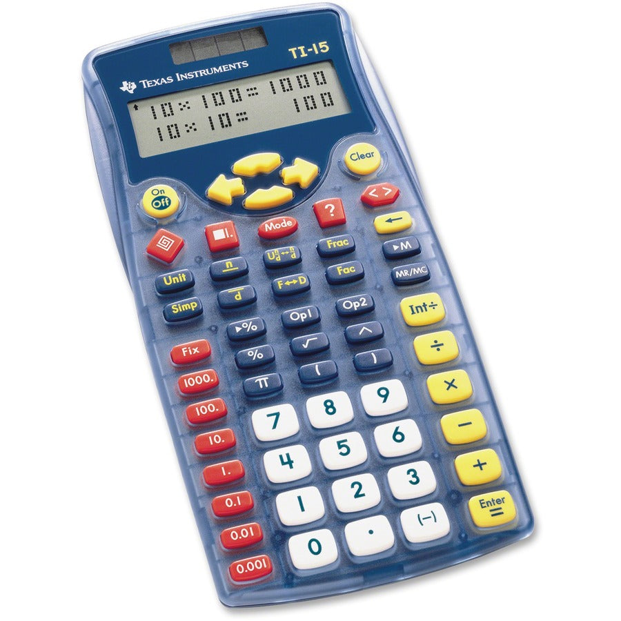 Texas Instruments TI-15 Explorer Elementary Calculator - Auto Power Off, Dual Power, Plastic Key, Impact Resistant Cover - 2 Line(s) - 11 Digits - Battery/Solar Powered - 6.9" Height x 3.5" Width x 0.7" Depth - Blue - 1 Each