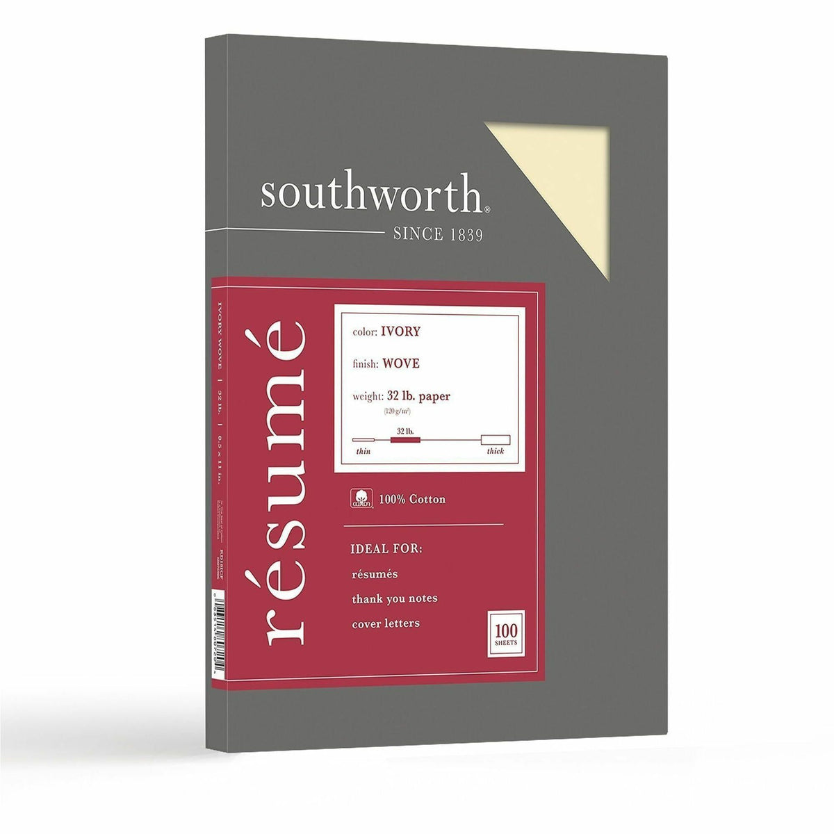 Southworth 100% Cotton Resume Paper - Letter - 8 1/2" x 11" - 32 lb Basis Weight - Wove - Acid-free, Watermarked - Ivory - 100 / Box