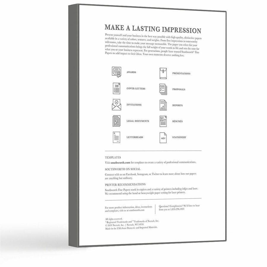 Southworth 100% Cotton Resume Paper - Letter - 8 1/2" x 11" - 32 lb Basis Weight - Wove - Acid-free, Watermarked - Ivory - 100 / Box