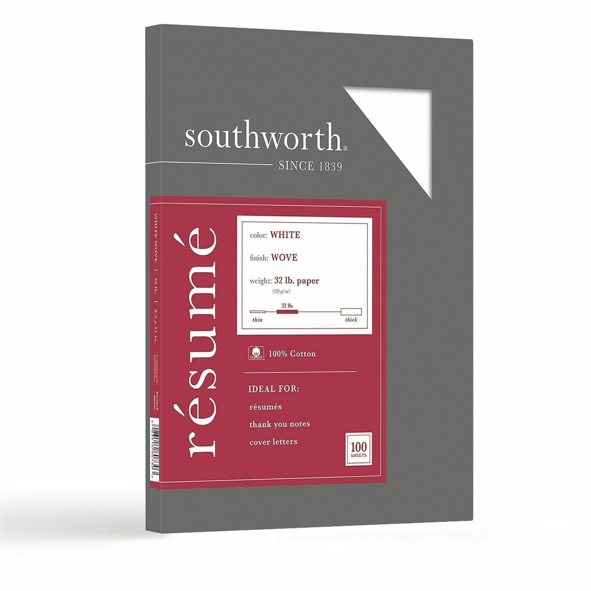 Southworth 100% Cotton Resume Paper - Letter - 8 1/2" x 11" - 32 lb Basis Weight - Wove - Acid-free, Watermarked - White - 100 / Box