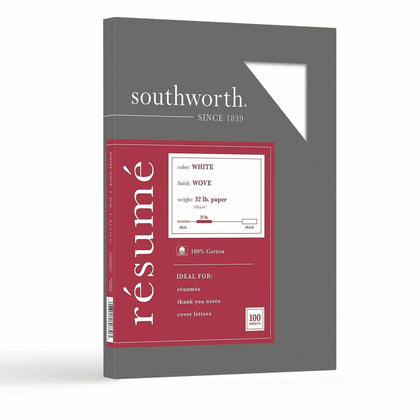 Southworth Resume Paper: 100% Cotton 32 lb Acid-free - White - 100/Box - Specialty Paper