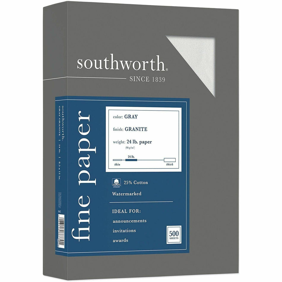 Southworth Granite Specialty Paper - Gray - Letter - 8 1/2" x 11" - 24 lb Basis Weight - Granite - Acid-free, Lignin-free - Gray - 500 / Box