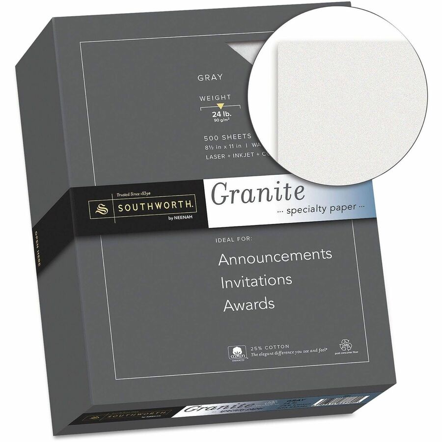 Southworth Granite Specialty Paper - Gray - Letter - 8 1/2" x 11" - 24 lb Basis Weight - Granite - Acid-free, Lignin-free - Gray - 500 / Box