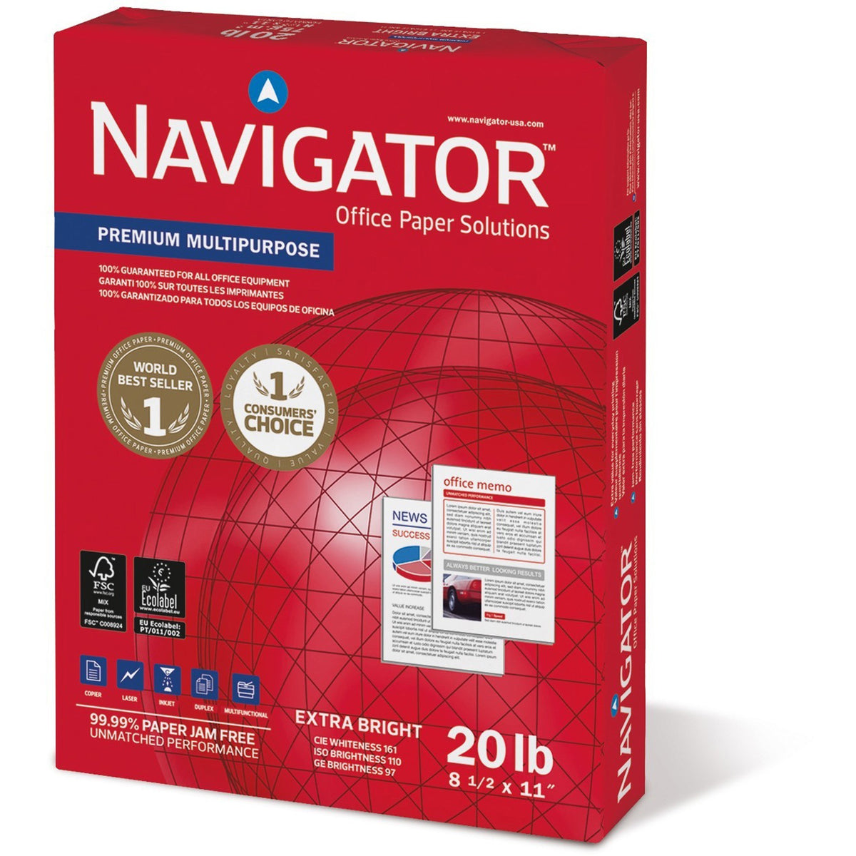 Navigator Premium Multipurpose Trusted Performance Paper - Extra Opacity - White - 97 Brightness - Letter - 8 1/2" x 11" - 20 lb Basis Weight - White - 500 Sheets per Ream - 10 / Carton