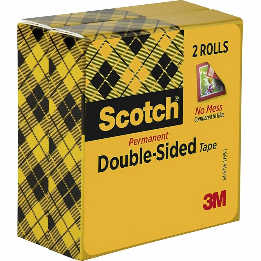 Scotch Permanent Double-Sided Tape - 1/2"W - 25 yd Length x 0.50" Width - 1" Core - Clear - Acrylate - 3 mil - Permanent Adhesive Backing - Long Lasting - For Attaching, Mounting - 2 / Pack