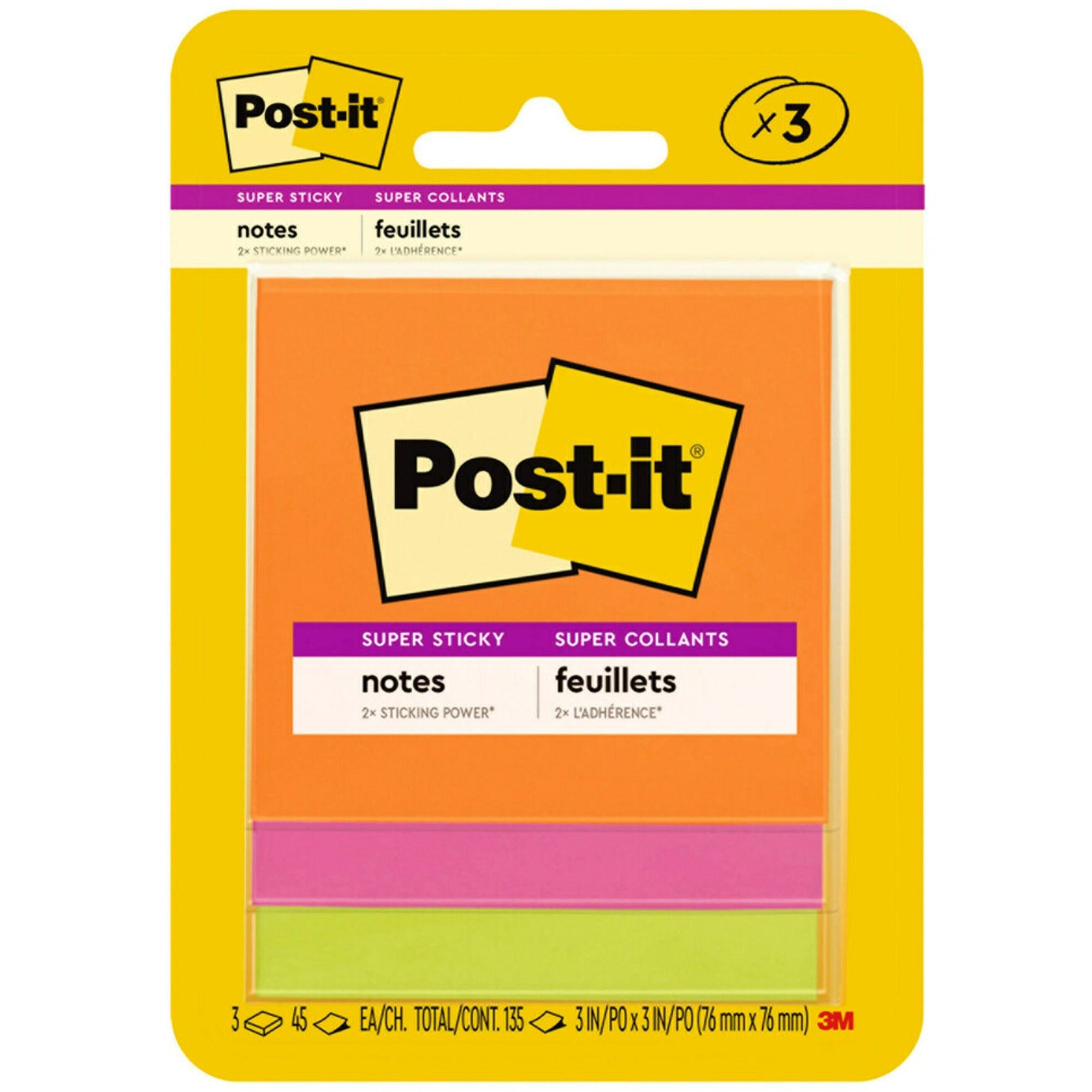 Post-it® Super Sticky Note Pads - Energy Boost Color Collection - 135 - 3" Flag/Note Width x 3" Flag/Note Length - Square - 45 Sheets per Pad - Unruled - Vital Orange, Tropical Pink, Limeade - Paper - Self-adhesive - 3 / Pack