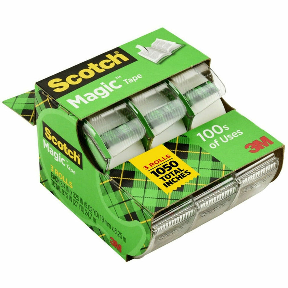 Scotch 3-Roll Tape Caddy - 25 ft Length x 0.75" Width - 1" Core - Clear - Permanent Adhesive Backing - Dispenser Included - Handheld Dispenser - For Mending, Splicing - 3 / Pack
