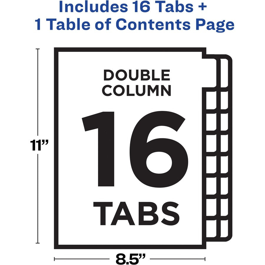 Avery® Two-Column Table Contents Dividers w/Tabs - 16 x Divider(s) - 1-16 - 16 Tab(s)/Set - 8.5" Divider Width x 11" Divider Length - 3 Hole Punched - White Paper Divider - Multicolor Paper Tab(s) - 16 / Set