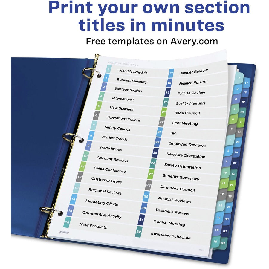 Avery® Two-Column Table Contents Dividers w/Tabs - 32 x Divider(s) - 1-32 - 32 Tab(s)/Set - 8.5" Divider Width x 11" Divider Length - 3 Hole Punched - White Paper Divider - Multicolor Paper Tab(s) - 32 / Set