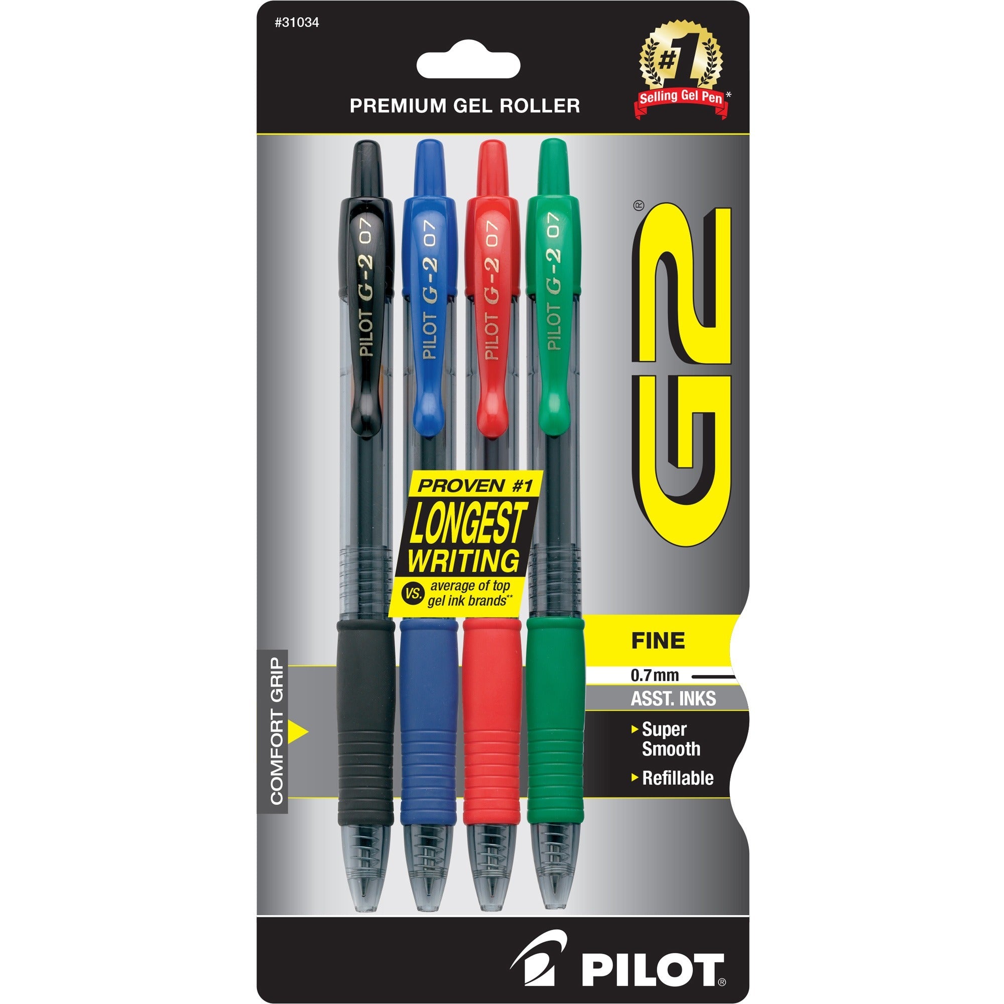 Pilot G2 Retractable Gel Ink Rollerball Pens - 0.7 mm Fine Pen Point - Refillable - Retractable - Assorted Ink - Gel-based - 4 / Pack