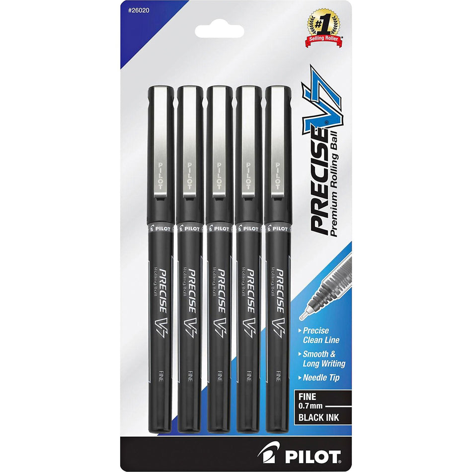 Pilot Precise V7 Fine Premium Capped Rolling Ball Pens - 0.7 mm Fine Pen Point - Black Ink - Black Barrel - 5 / Pack