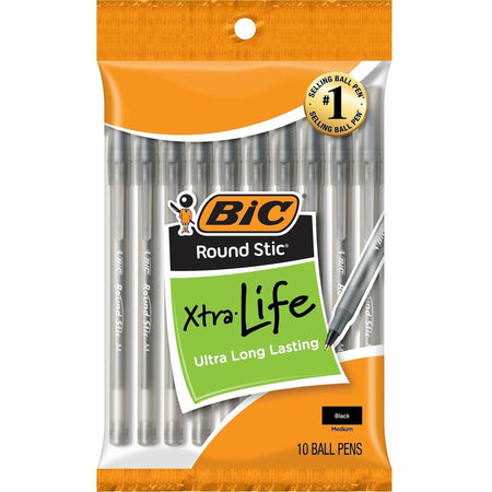 BIC Round Stic Ballpoint Pens - Medium Pen Point - Black Ink - 10 / Pack