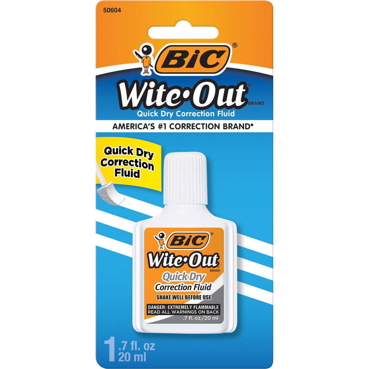 BIC Quick Dry Correction Fluid, White - Foam Brush Applicator - 20 mL - White - Quick Drying, Spill Resistant - 1 / Pack