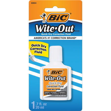 BIC Quick Dry Correction Fluid, White - Foam Brush Applicator - 20 mL - White - Quick Drying, Spill Resistant - 1 / Pack